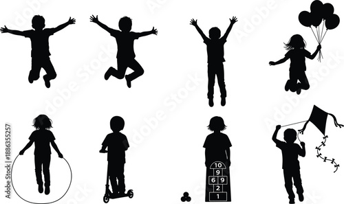 Black Vector Silhouette Collection of Happy Children Jumping Playing with Balloons Flying a Kite Jumping Rope and Riding a Scooter for Active Lifestyle Designs