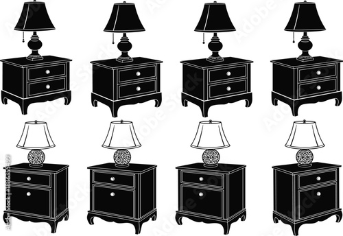 Black and White Silhouette Vector Illustration Set of Classic Bedroom Nightstands with Table Lamps Isolated on White Background for Interior Design and Home Decor