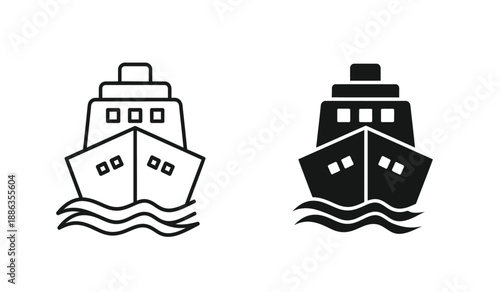 Black and white ship icons with waves on pure