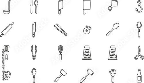 Kitchen utensil line icons set featuring cooking tools cutlery cookware preparation vector outline symbols minimal collection