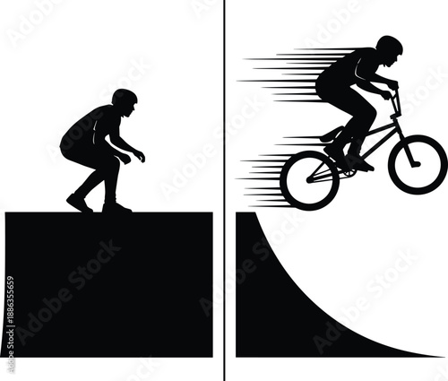 Action Silhouette of BMX Rider Jumping Off Ramp and Person Preparing to Drop In Representing Extreme Sports Stunts Youth Culture and Outdoor Adventure Activities