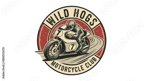Retro Motorcycle Club Emblem with Racer and Vintage Bike