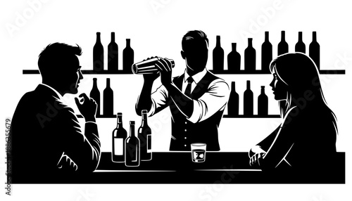 A sophisticated black and white silhouette of a bartender shaking a cocktail behind a bar. Two customers, a man and a woman, are seated at the counter watching the professional mixology performance. 