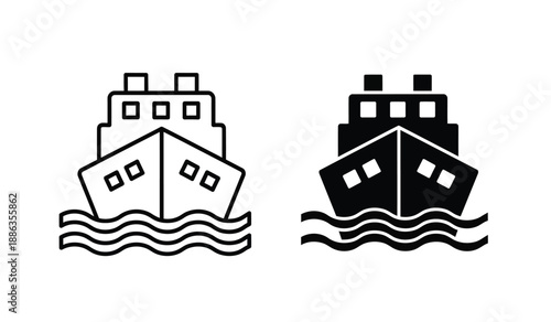 Black and white ship icons on water with simple design elements