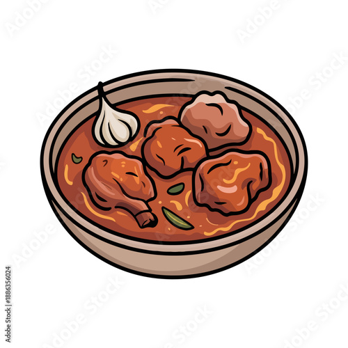 Pork Vindaloo Vector Illustration of Spicy Goan Meat Curry with Garlic in a Bowl