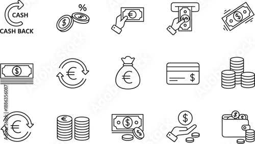 Money and finance line icons set showing cash payment banking savings currency exchange vector outline symbols collection
