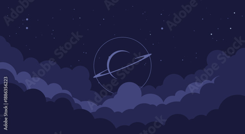 A captivating minimalist illustration of a deep blue night sky, adorned with fluffy clouds, distant stars, and a central celestial object, inspiring cosmic wonder.