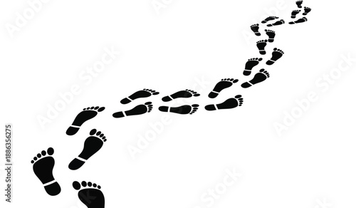 A trail of black footprints leading upwards on a in a diagonal line