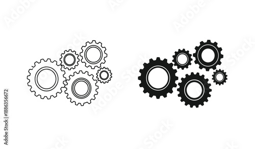 Black and white gear icons in various sizes on a pure