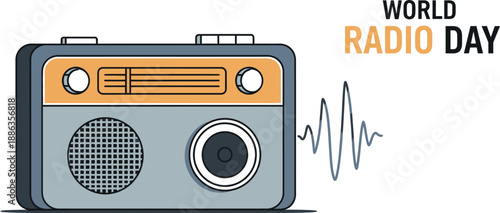 Simple illustration celebrating world radio day featuring a vintage portable radio receiver with an emanating sound wave graphic element