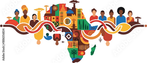 Diverse group of African people connected around a vibrantly colored continental map symbolizing unity heritage and cultural richness