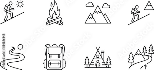 Outdoor adventure line icons set featuring hiking camping mountains travel nature exploration vector symbols outline minimal collection