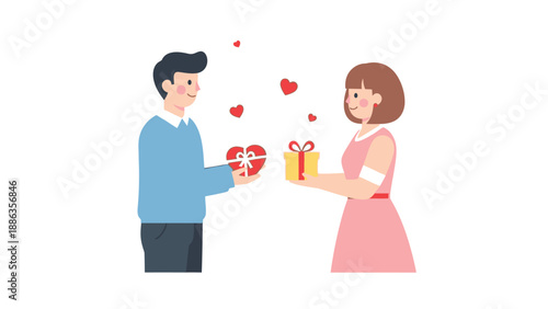 A friendly couple exchanges lovely romantic gifts symbolizing affection and care during a special celebration or holiday occasion