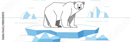 Stylized geometric polar bear stands alone on a small blue iceberg surrounded by icy minimalist arctic landscape elements in white space