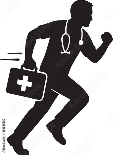 Medical professional running with a first aid kit fast