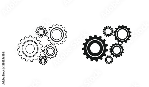 A set of black and white gear icons in various sizes and styles, representing mechanics and engineering concepts in a simple and modern design