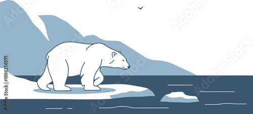 Cute cartoon polar bear walking cautiously across a small melting ice floe in cold arctic waters surrounded by icy mountains