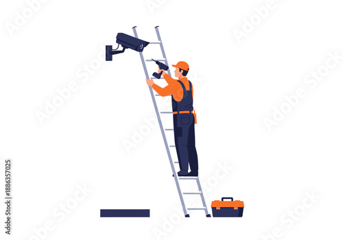 Professional technician on a ladder installing a CCTV security camera, illustrating a video surveillance system setup for safety and protection