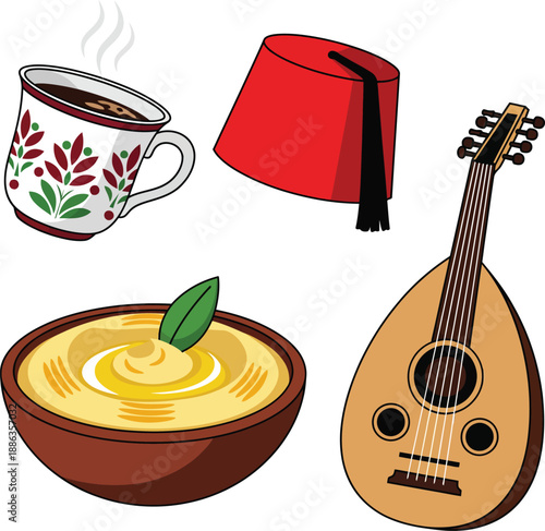 Vibrant illustrated set of Middle Eastern cultural items featuring a red fez oud hummus and hot coffee.