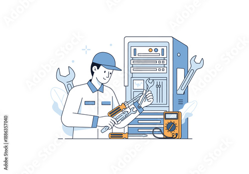 Professional IT specialist technician performing maintenance and repair on a computer server rack with tools, flat line art illustration concept