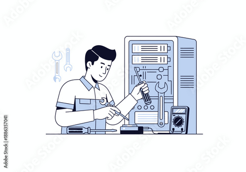 Professional IT technician engaged in server maintenance, carefully repairing computer hardware with precision tools in a data center