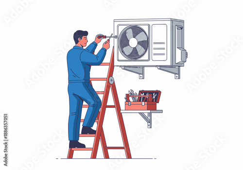 Vector illustration of a professional technician in blue uniform on a stepladder, performing maintenance and repair on an outdoor air conditioner unit