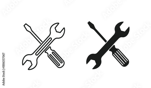 Black and white line icons of crossed wrenches and screwdrivers for repair and maintenance