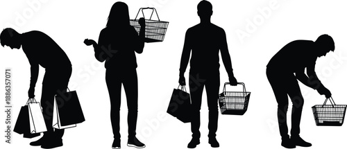 Black silhouette set of people shopping with baskets and bags isolated on white background for retail consumer behavior marketing and commercial mall sale concept