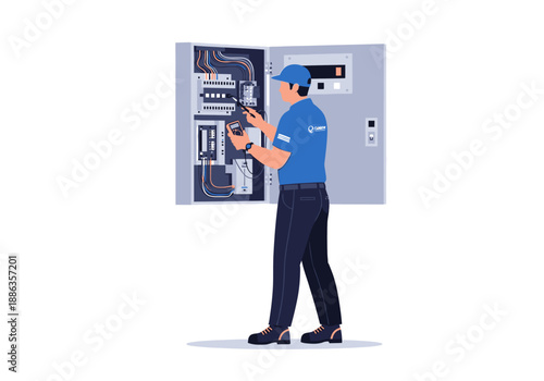 Professional electrician technician in uniform working on an electrical control panel, fixing the wiring and circuits