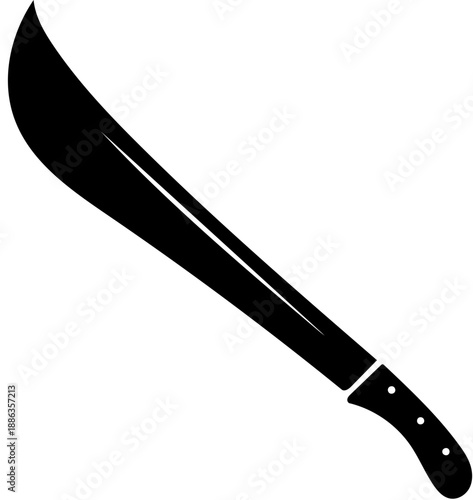 A black silhouette of a large curved blade, a sharp machete with a handle, representing a tool for clearing vegetation