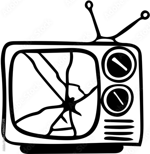 Monochrome illustration of a classic retro television with a shattered screen, symbolizing technological malfunction, obsolescence, and the breakdown of old media