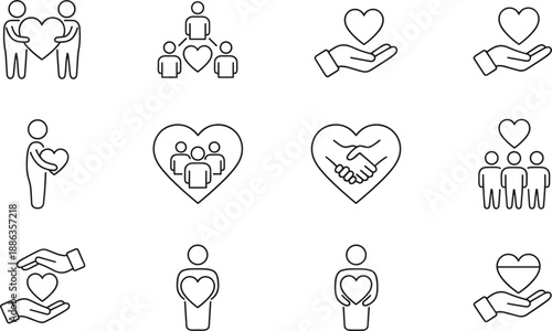 Line icons set of love care charity teamwork community support hands hearts people vector symbols outline minimal collection