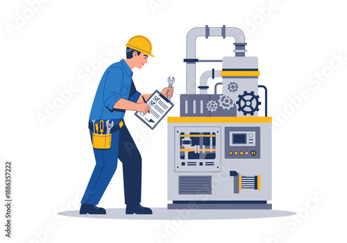 An industrial serviceman in a hard hat meticulously inspecting machinery and filling out a checklist for quality control