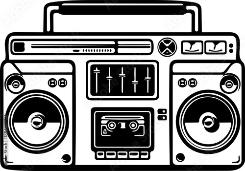 Vintage Boombox Cassette Player with Speakers and Controls, Retro Audio Equipment