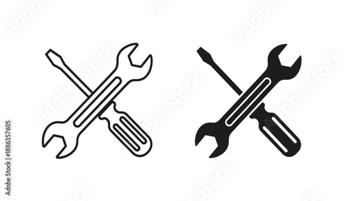 Black and white line icons of crossed screwdrivers and wrenches for repair and maintenance