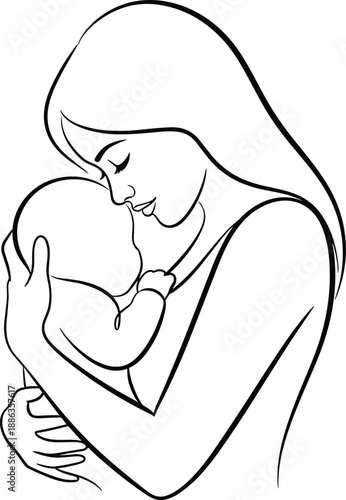 Mother and baby line art, maternal love symbol, emotional bond graphic, elegant minimalist design, flat vector illustration