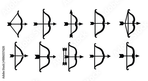 Black and white illustrations of bows arrows and archery targets