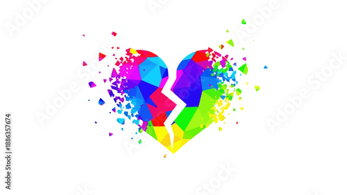 Colorful Broken Heart Exploding into Geometric Fragments