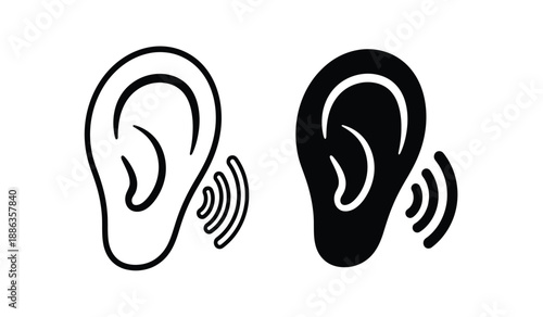 Vector illustration of human ears with sound waves for hearing and listening concepts in black and white