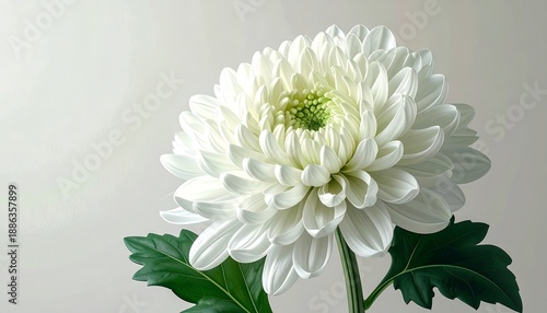 Elegant White Chrysanthemum Blossom with Green Leaves on Light Background.