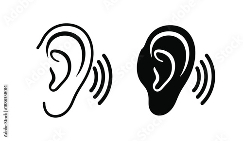 Black and white illustration of human ear icons with sound waves