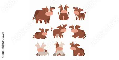 Cute cartoon cows and calves vector set in different poses