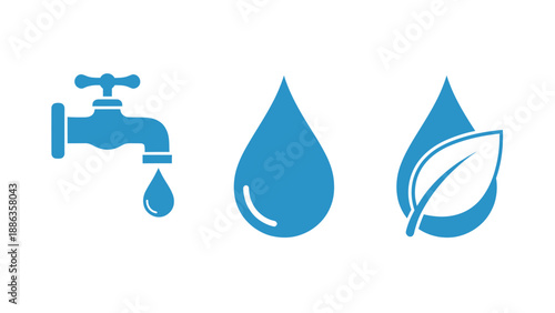 Water Drop Icons: Tap, Pure Water, and Leaf for Eco-Friendly Resource