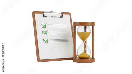 Clipboard with checklist and hourglass timer isolated on a transparent background sand timer