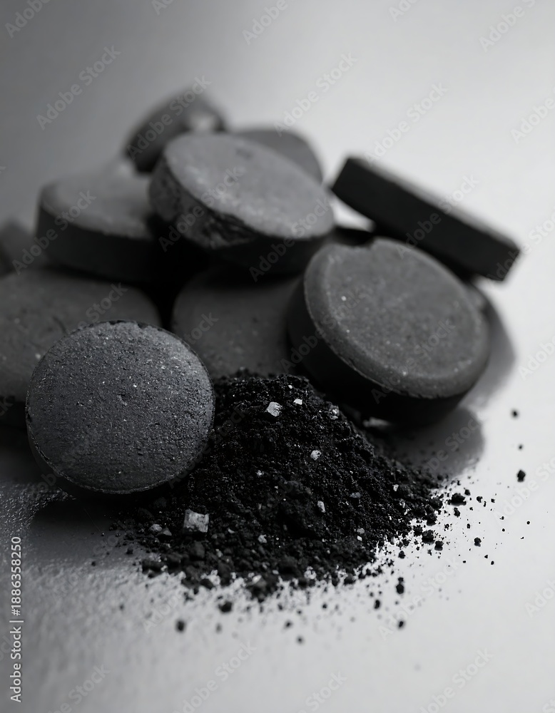 Fototapeta premium Activated Charcoal Powder and Tablets Closeup.