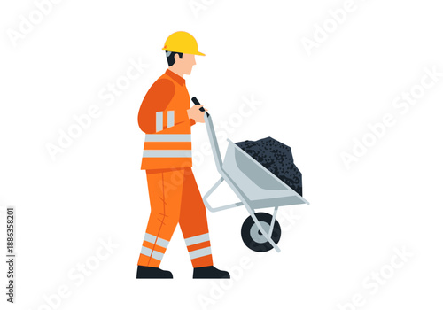 Male laborer in uniform pushing a wheelbarrow with a load of coal, isolated flat vector illustration for industrial and construction concepts