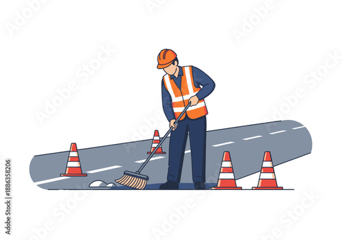 Illustration of a road worker in a safety vest sweeping the street with a broom, surrounded by traffic cones during maintenance