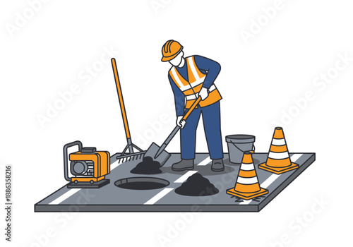Vector illustration of a construction worker in a safety vest repairing a pothole on a street with safety cones and tools