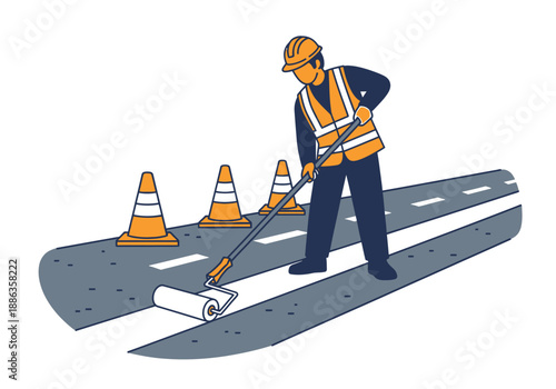 Vector illustration of a road worker in a safety vest and hard hat painting white traffic lines on an asphalt street with safety cones