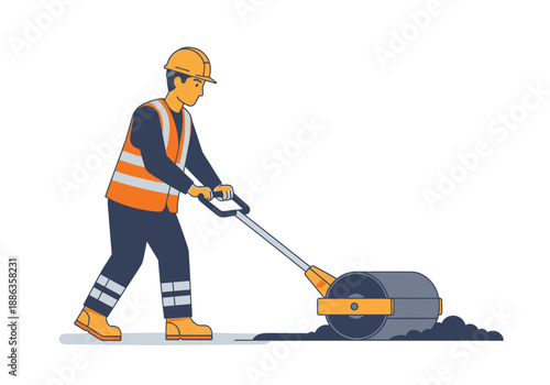 Road construction worker operating a manual asphalt compactor for paving and repair work on a white background